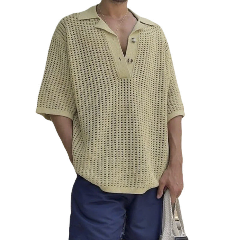 Nordic Flair Men's Oversize Knit Sweater Open Knit Short Sleeves Notch Collar Breathable