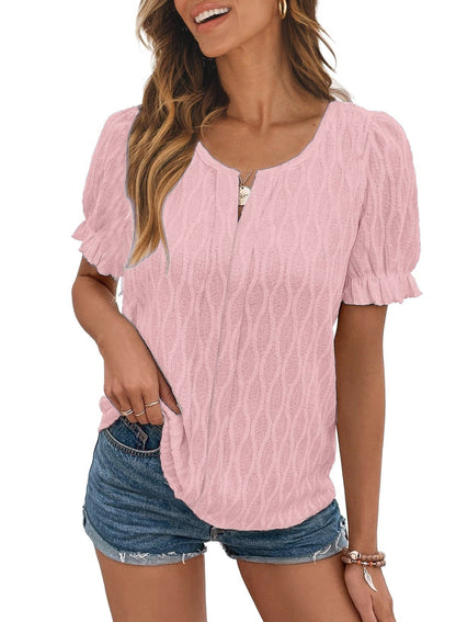 Jacquard Puff Sleeve Top For Women Trendy Loose Fit Comfortable Casual Everyday Wear