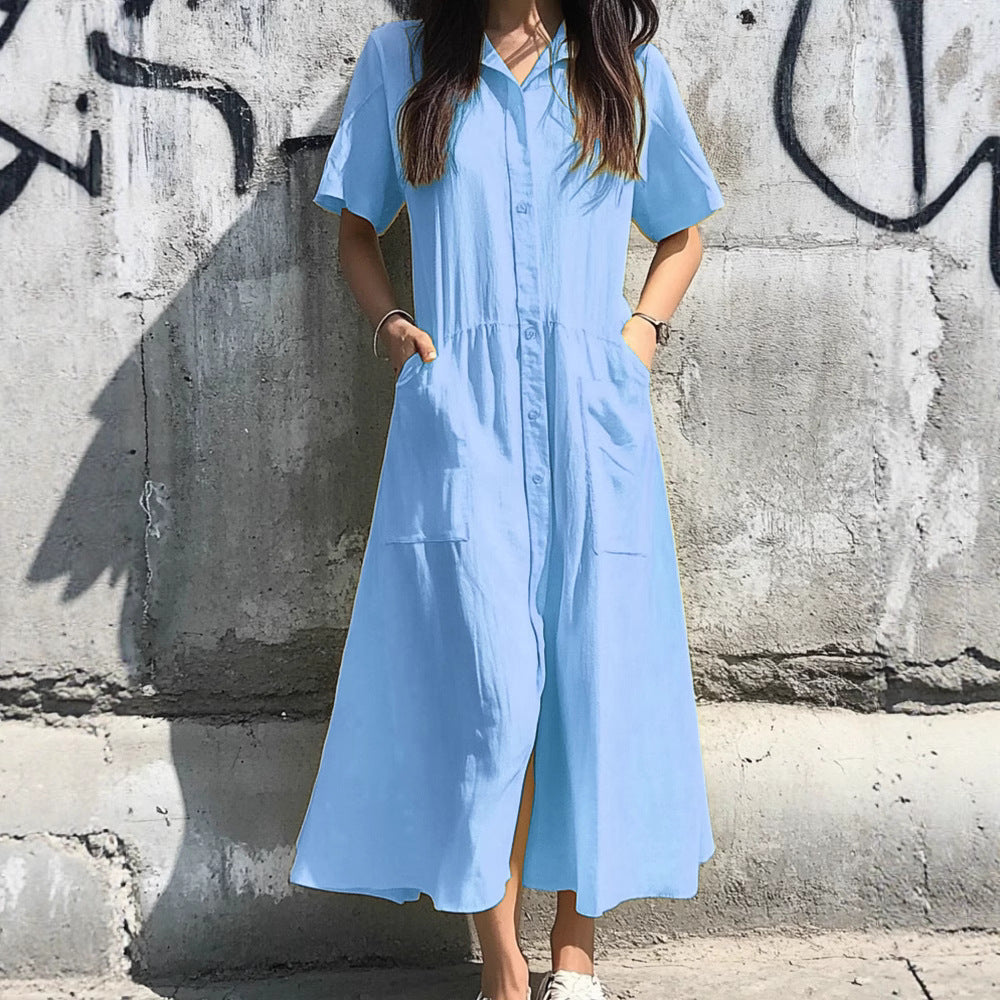 Women’s Shirt Dress – Relaxed Fit – Button-Down Front – Cotton Blend – Midi Length