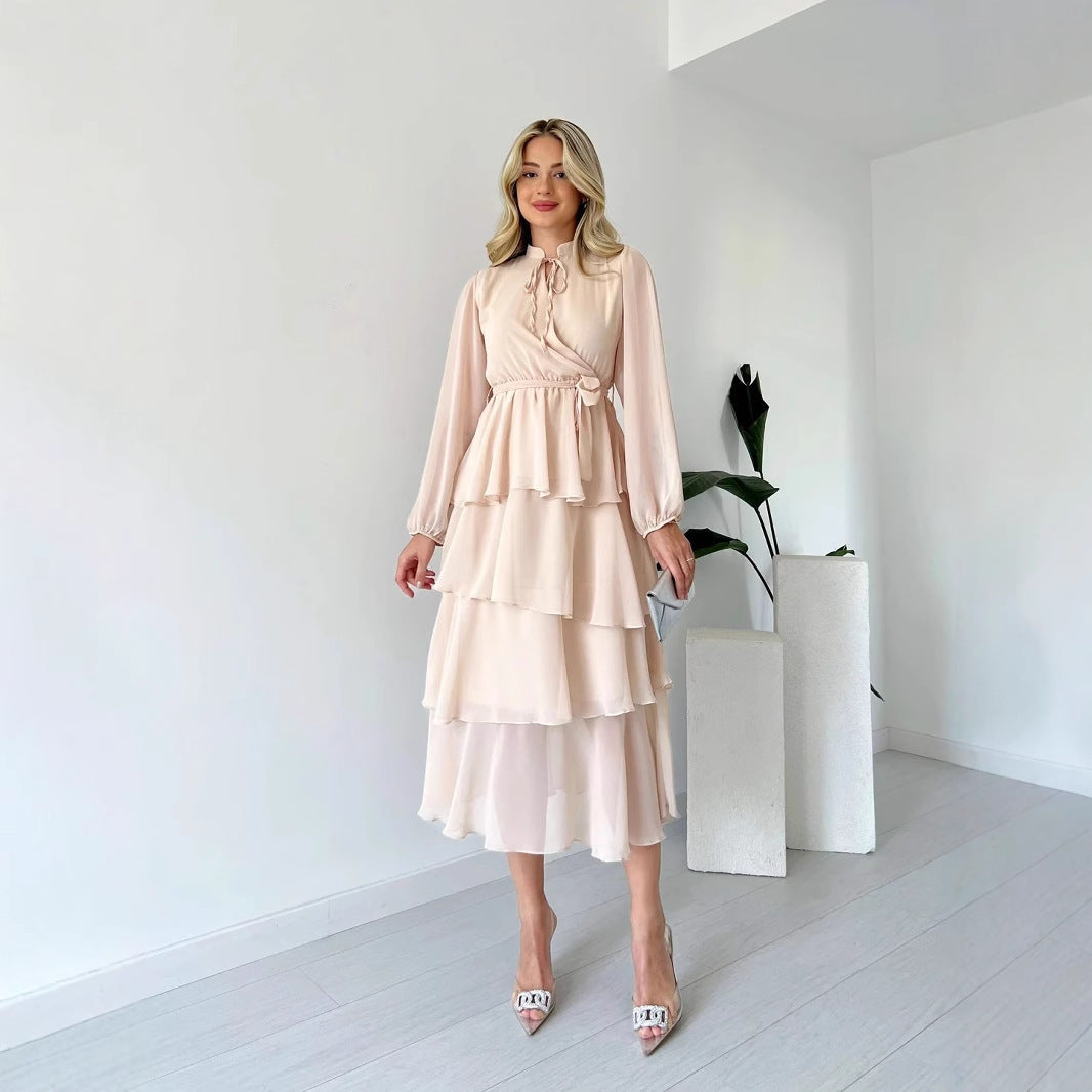 Women's Dress – Chiffon A-line – Layered Midi – Long Sleeves – High Neck Tie