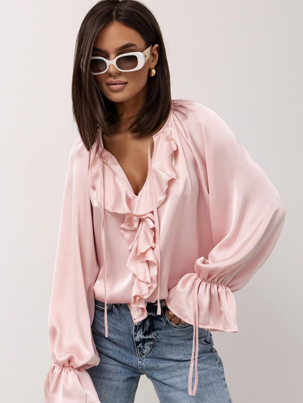 Women's Blouse – Satin Finish – Relaxed Fit – Tie Neck with Ruffles – Long Sleeves