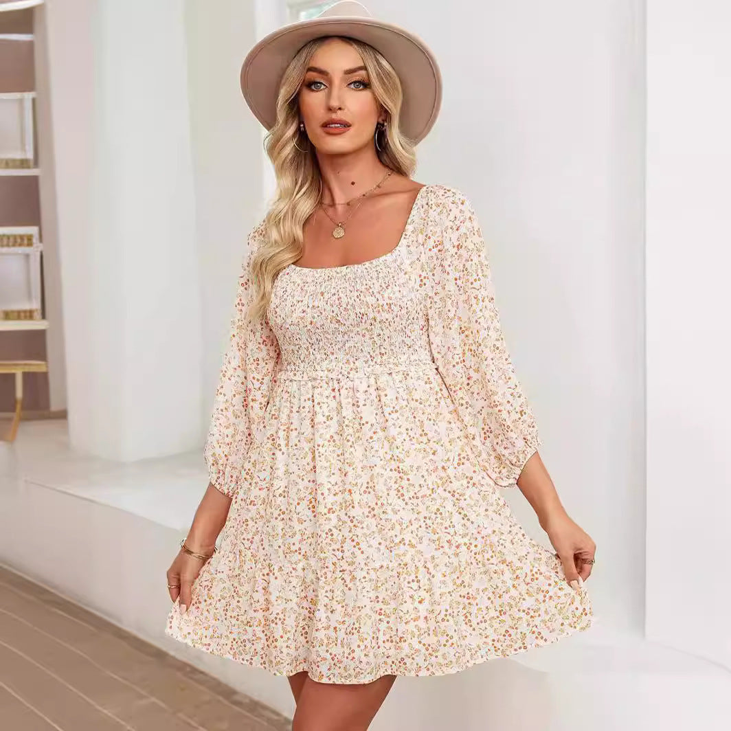 Women's Dress A-line – Lightweight Cotton – Shirred Bodice – Puff Sleeves – U-neck