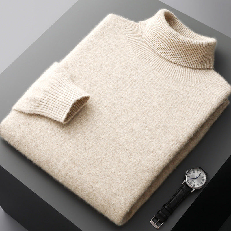 Theodore Regular Fit Ribbed Turtleneck Merino Wool Sweater For Men Solid Hip Length
