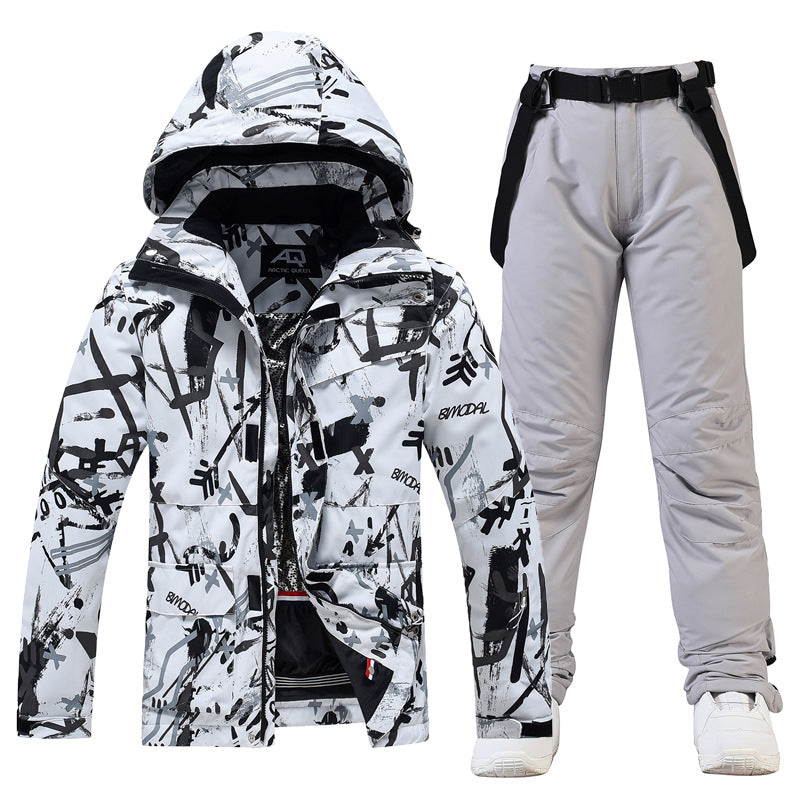 Men's Two Piece Ski Suit With Hooded Jacket And Suspenders Relaxed Fit Water Resistant Winter Snow Set