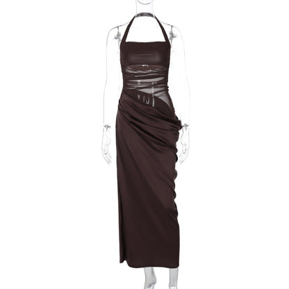 Women's Maxi Dress – Bodycon Fit – Halterneck – Mesh Panels – Evening Look