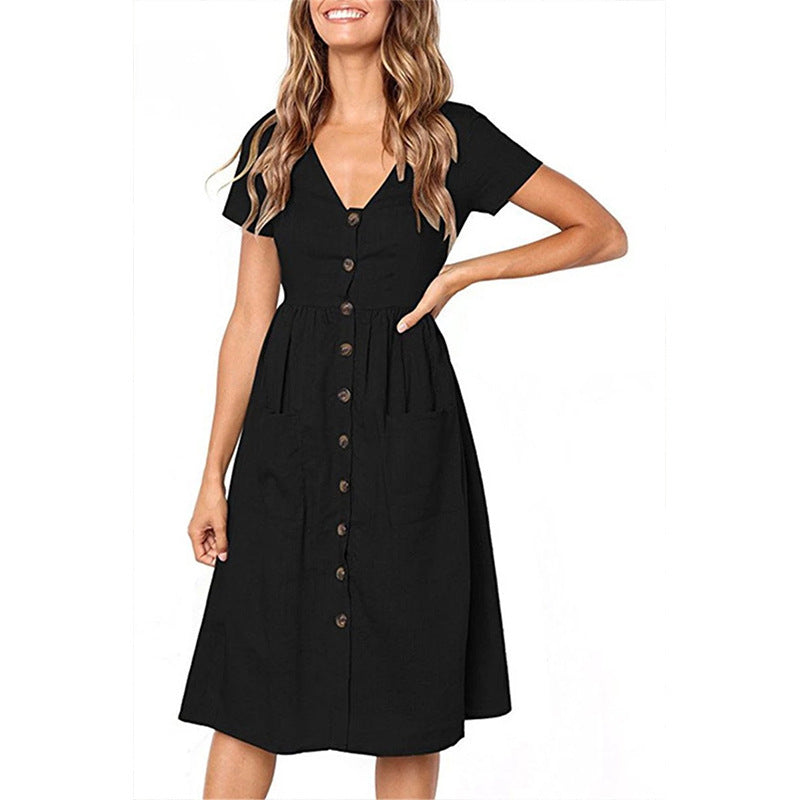 Women’s A-Line Dress – V-Neck – Button Front – Short Sleeve – Cotton Blend – Midi Length – With Pockets