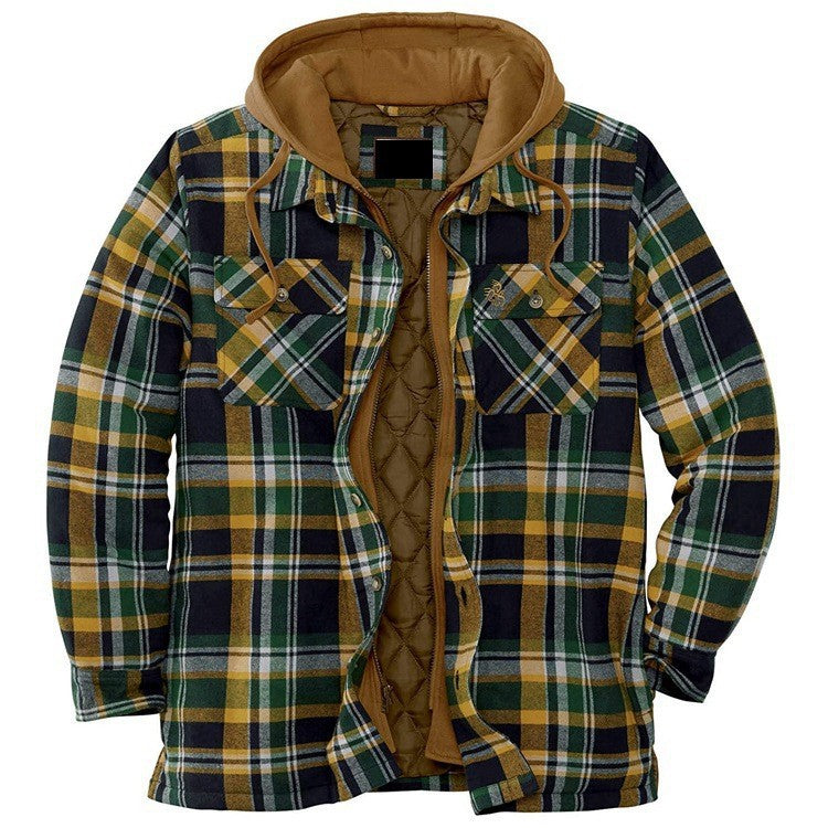 Mens Hooded Plaid Jacket With Quilted Lining Thick Cotton Casual Relaxed Fit Winter Coat