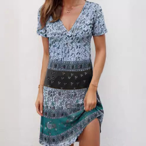 Women’s Casual Dress – Relaxed Fit – Cotton – Deep V-Neck – Boho Patchwork – Short Sleeve