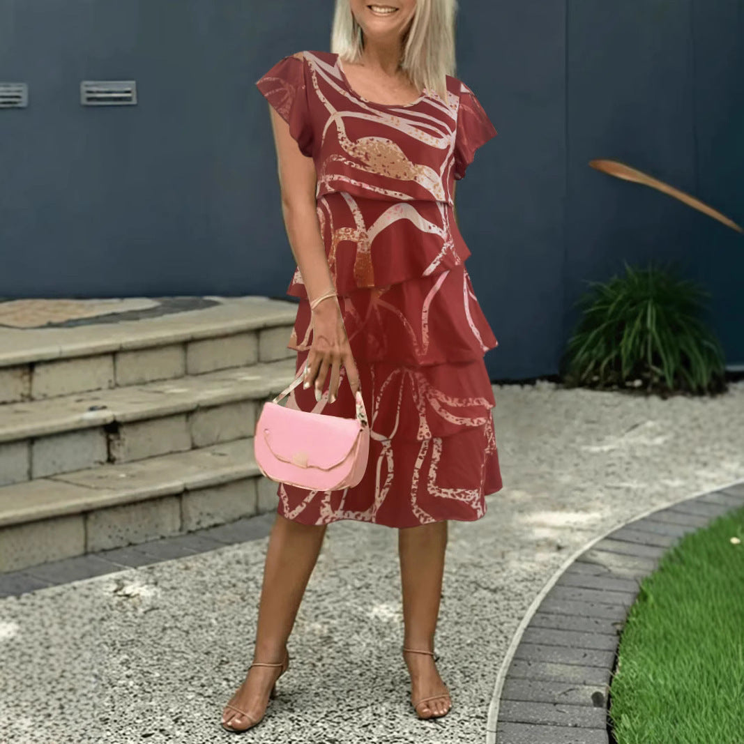 Women’s Midi Dress – Relaxed Fit – Tiered Ruffle – Floral Print – Flutter Sleeves