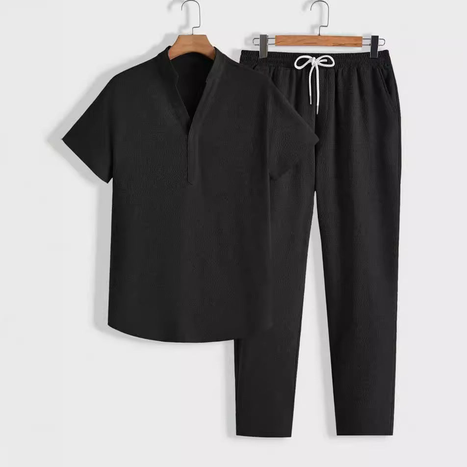 Mens Training Set Short Sleeve Top With V Neck Drawstring Pants Relaxed Fit Lounge Wear