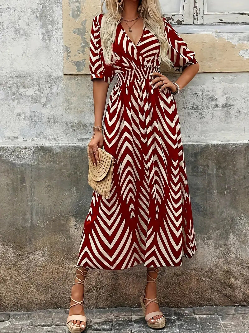 Dress for women – Midi A-line fit – V-neck wrap – Belt – Puff sleeves – Chevron