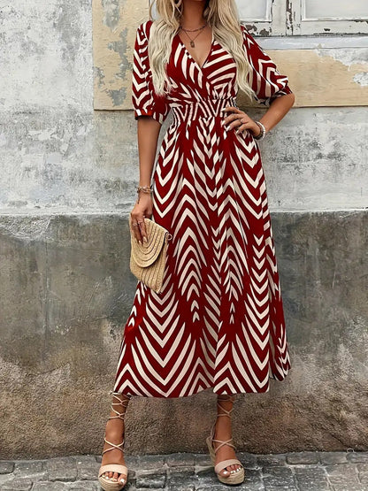 Dress for women – Midi A-line fit – V-neck wrap – Belt – Puff sleeves – Chevron