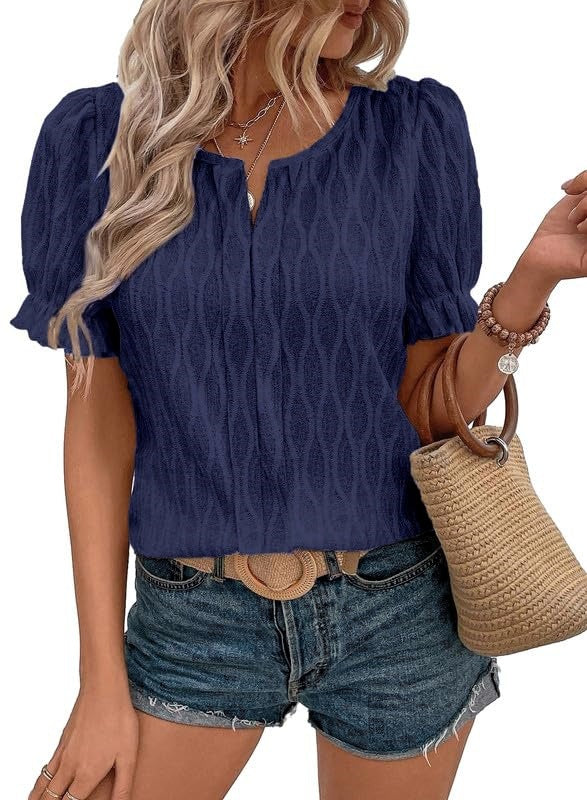 Jacquard Puff Sleeve Top For Women Trendy Loose Fit Comfortable Casual Everyday Wear
