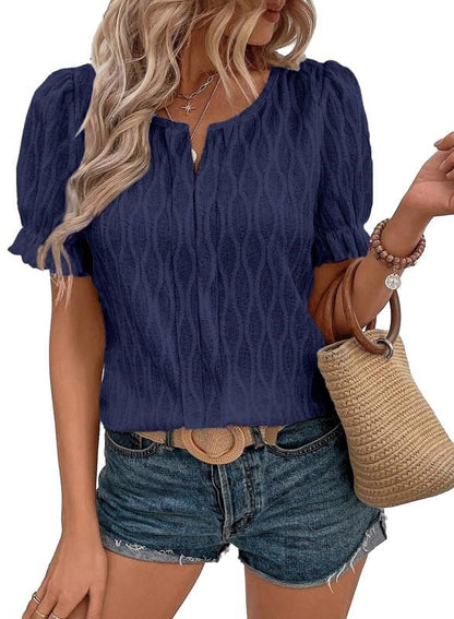 Jacquard Puff Sleeve Top For Women Trendy Loose Fit Comfortable Casual Everyday Wear