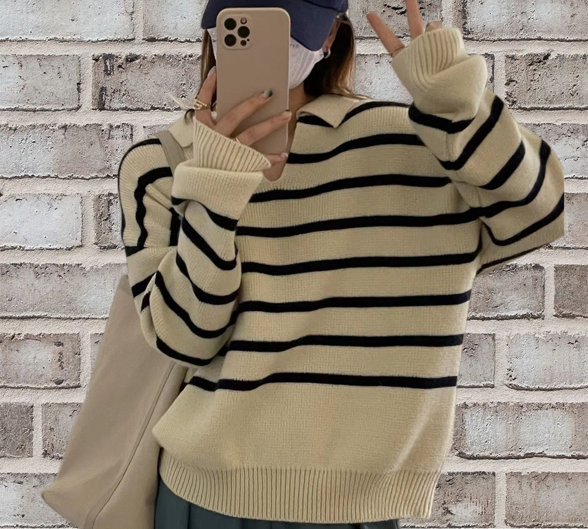 Women’s Pullover Sweater – Relaxed Fit – Wool Knit – V-Neck – Striped Casual Style