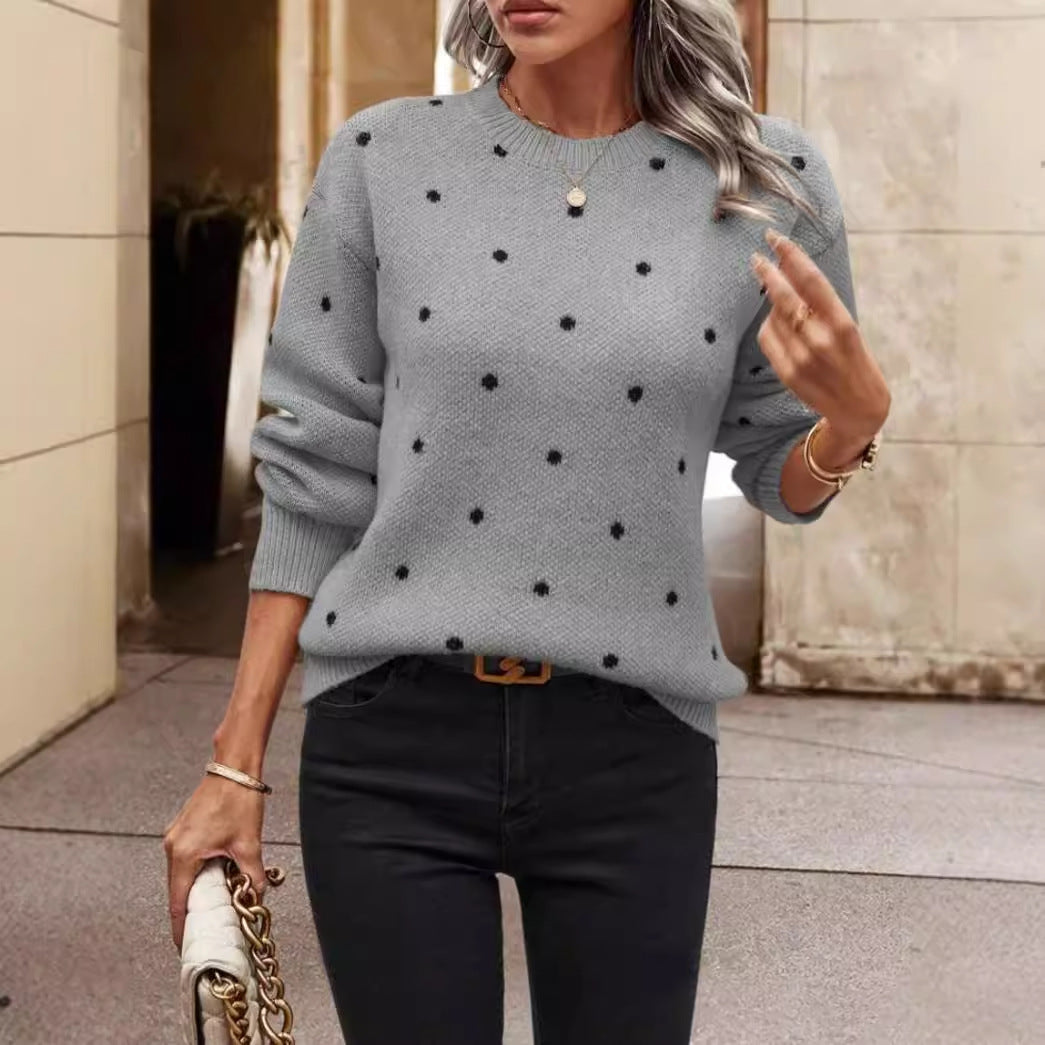 Women's Knit Sweater – Relaxed Fit – Polka Dot Pattern – Round Neck – Long Sleeves