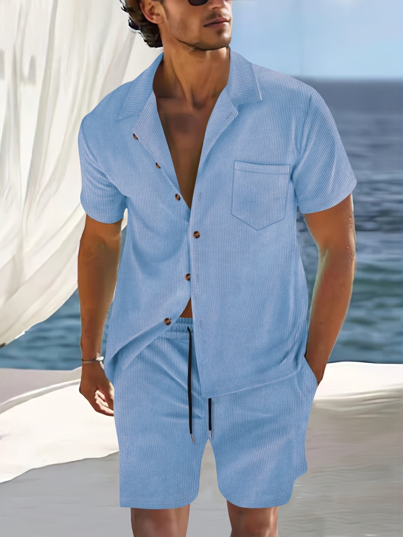Men's Short Sleeve Shirt Set Relaxed Fit Lapel Collar Vertical Striped Button Front 2 Piece Summer Outfit
