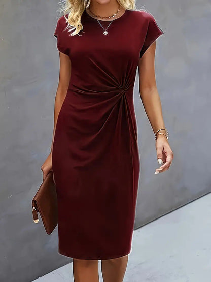 Women's Bodycon Dress – Slim Fit – Short Sleeve – Round Neck – Side Draping