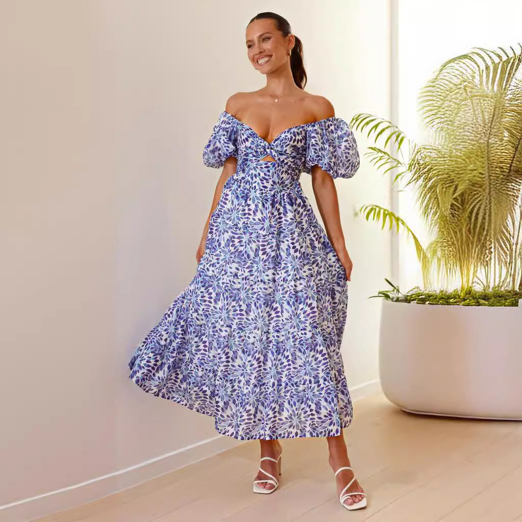 Dress for women – Maxi dress – Off-shoulder – Puff sleeves – Smocked waist – Print