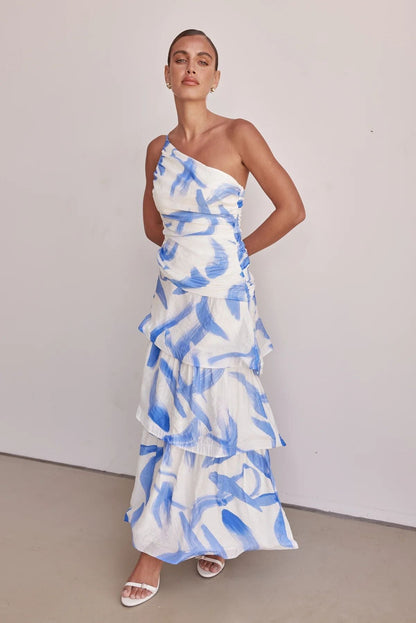 TrendAura Women's Maxi Dress One Shoulder Ruched Bodice With Tiered A-Line Skirt - Elegant Summer Festive Wear