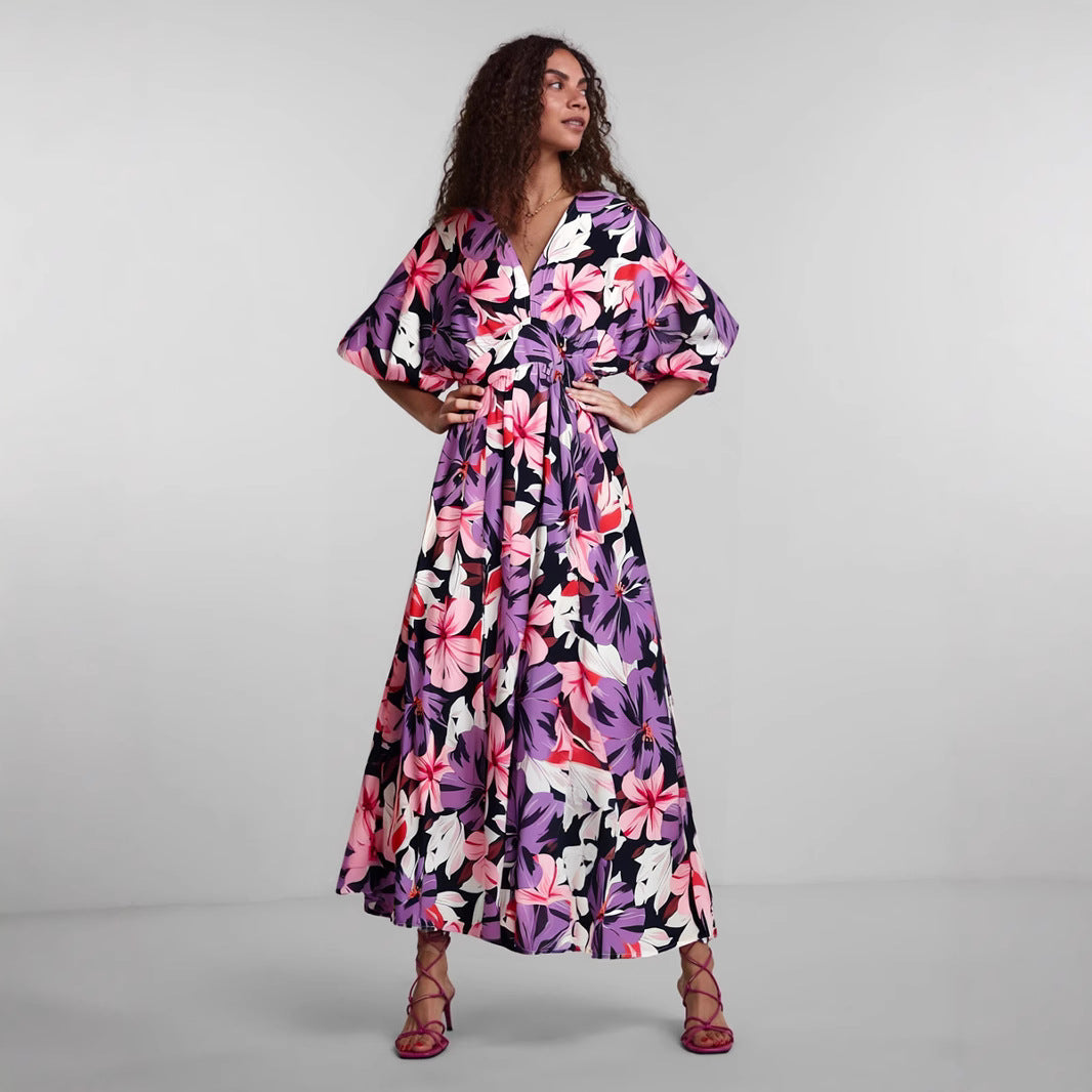 TrendAura Floral Print Maxi Dress High Waist V-Neck Slit Loose Fit - Summer Ready Comfort