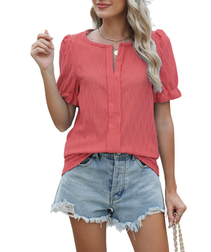 Jacquard Balloon Sleeve Top For Women Loose Fit Elegant Comfortable Everyday Chic