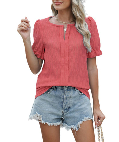 Jacquard Balloon Sleeve Top For Women Loose Fit Elegant Comfortable Everyday Chic