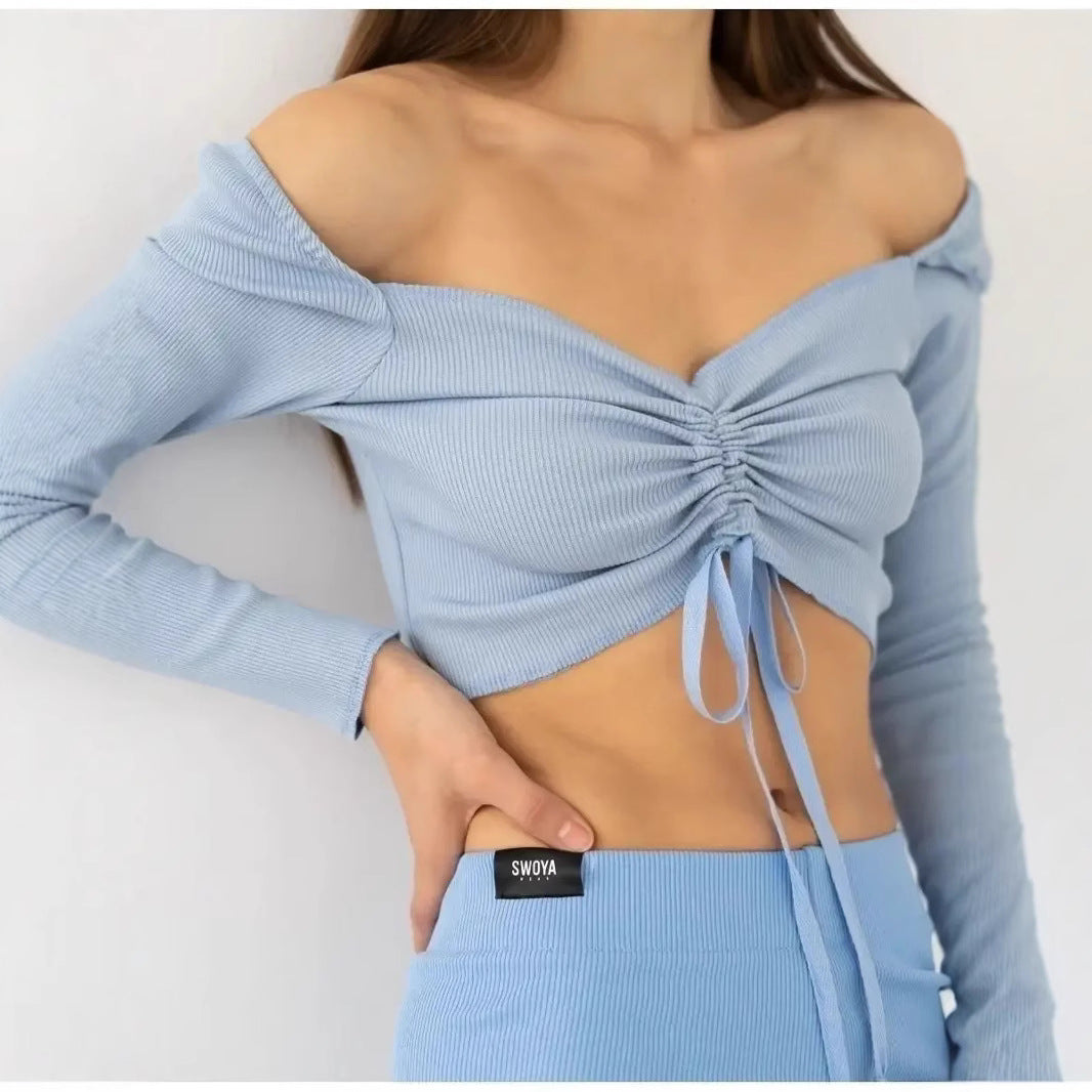 Women's Cropped Blouse – Slim Fit – V-Neck – Rib Knit – Tie Front – Long Sleeves