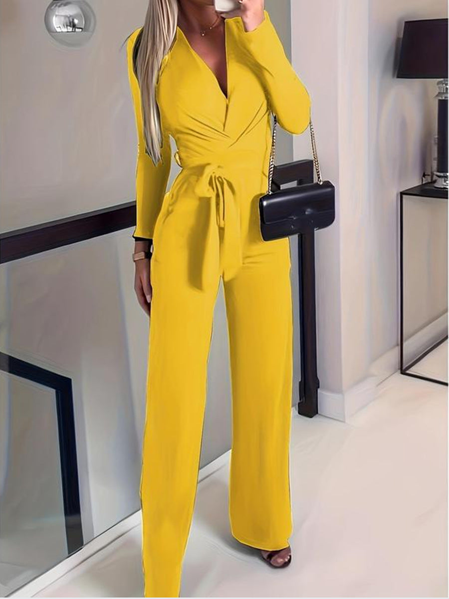 Women's Long-Sleeve V-Neck Wrap Jumpsuit with Wide-Leg Pants