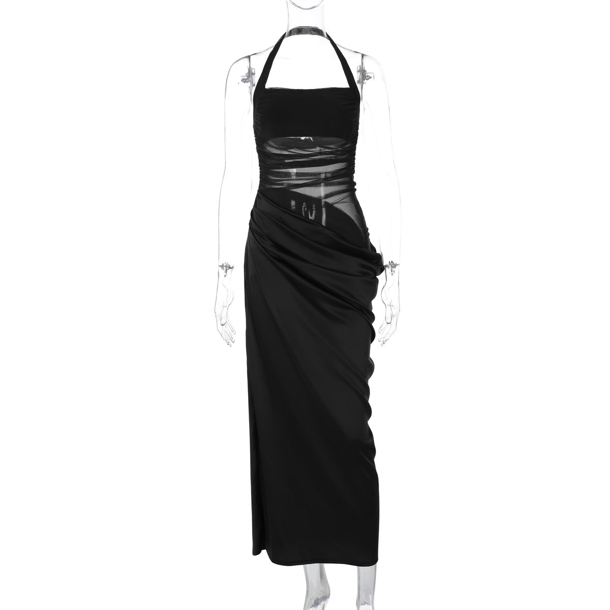 Women's Maxi Dress – Bodycon Fit – Halterneck – Mesh Panels – Evening Look