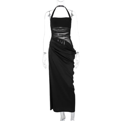 Women's Maxi Dress – Bodycon Fit – Halterneck – Mesh Panels – Evening Look