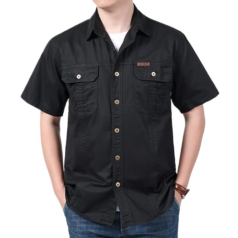 Men's Short Sleeve Cotton Blend Shirt With Relaxed Fit Button Closure And Chest Pockets