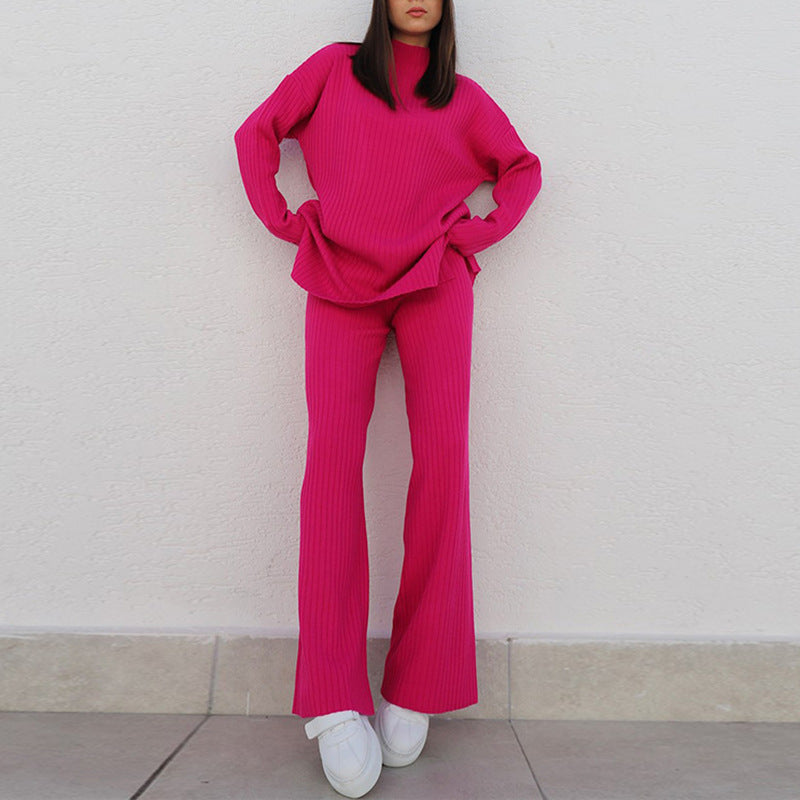 Women's Set – Ribbed Knit – Relaxed Fit – Long Sleeve – Wide Leg Pants