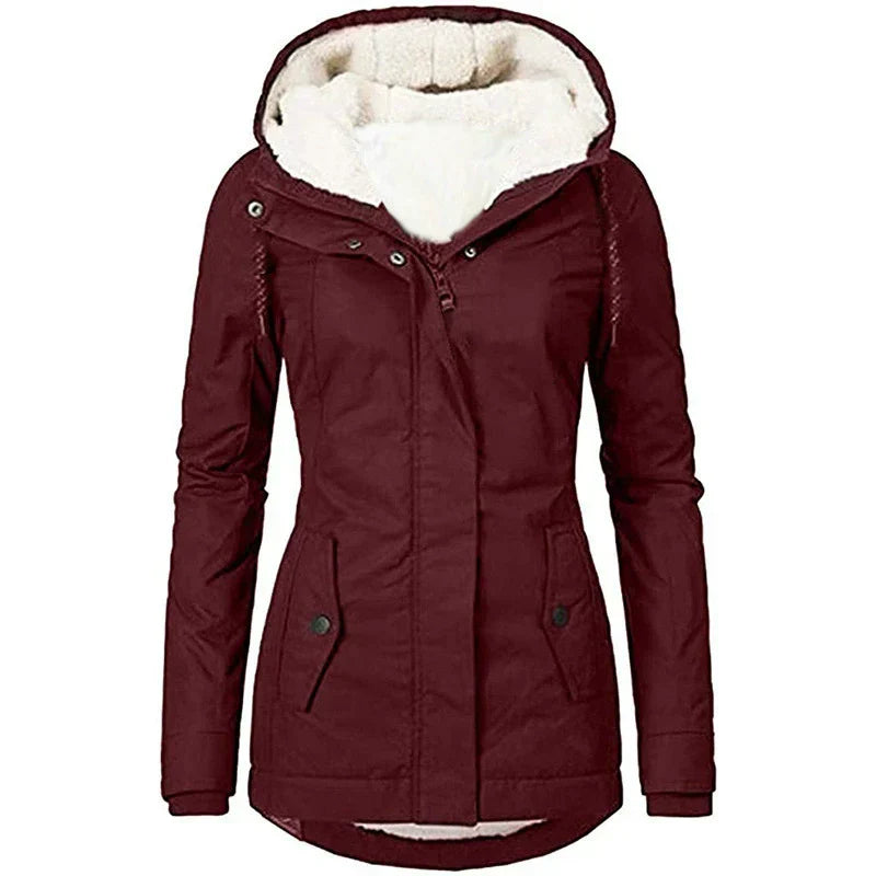 Women’s Parka Coat – Hooded Plush Lining – Semi-Fitted – Mid-Thigh Length – Weather-Resistant