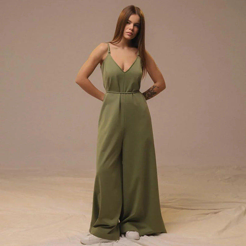 Women's jumpsuit – Loose fit – Sleeveless – Wide leg – V-neck – Tie belt – Linen blend