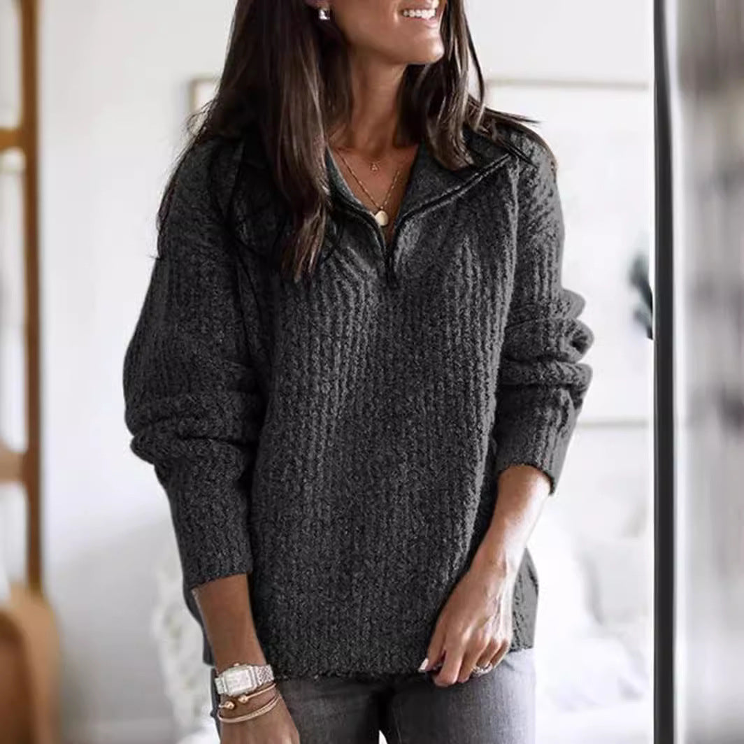 Women’s Sweater Jacket – Ribbed Knit – Half Zip – Relaxed Fit – Long Sleeve Casual