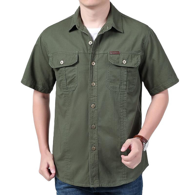 Men's Short Sleeve Cotton Blend Shirt With Relaxed Fit Button Closure And Chest Pockets