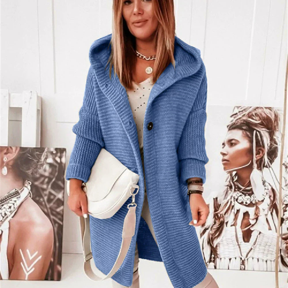 Women’s Hooded Cardigan – Loose Fit – Long Line – Ribbed Knit – Button Front – Drop Shoulder