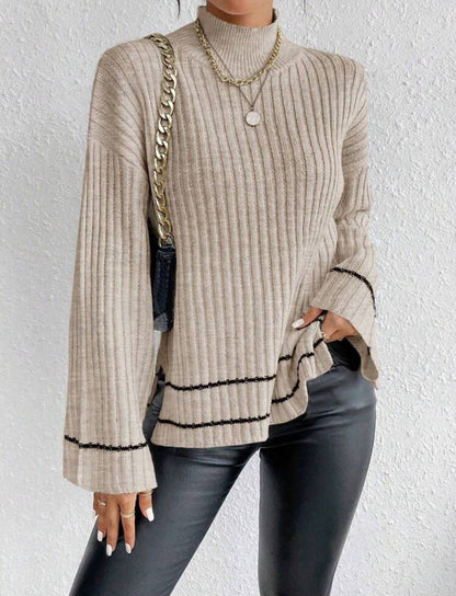 Women's Knit Sweater – Oversized Fit – Ribbed Texture – High Neck – Long Sleeves