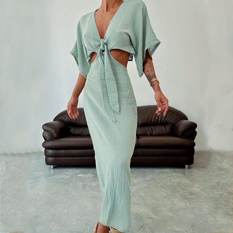 Dress for women – Maxi – Slim fit – V-neck – Waist cutout – Open back