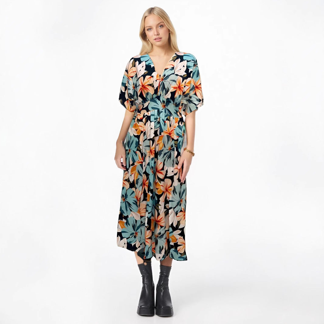 TrendAura Floral Print Maxi Dress High Waist V-Neck Slit Loose Fit - Summer Ready Comfort