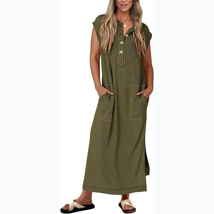 Women’s Maxi Dress – Relaxed Fit – Cotton Linen Feel – Cap Sleeves – Side Pockets