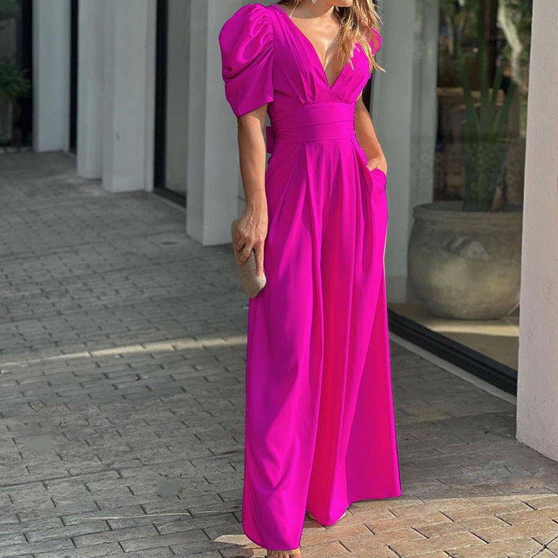 Women's Jumpsuit – Wide Leg – V-neck – Puff Sleeves – Defined Waist – Pockets