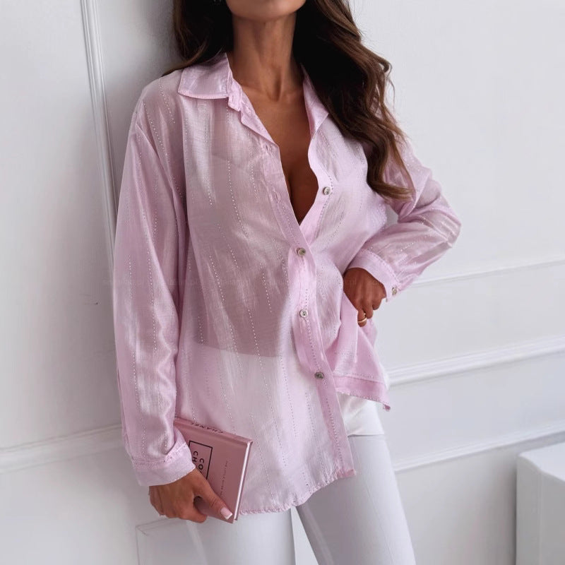 Women's Shirt with Long Sleeves – Oversized Fit – Rhinestones – Light and Breathable