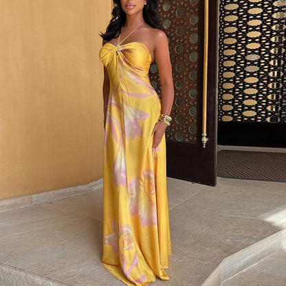 TrendAura Satin Maxi Dress Halterneck Strapless Bandeau Floral Print For Women Elegant Summer Formalwear