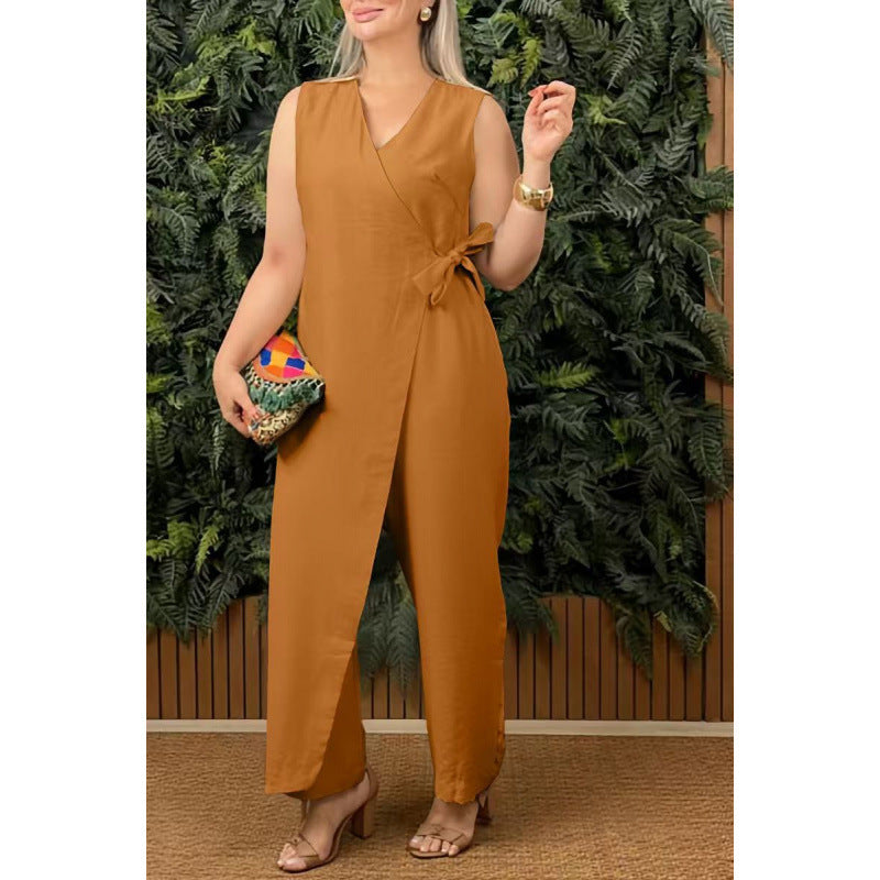 Women's Jumpsuit – V-neck wrap-around – Sleeveless – Wide leg – Adjustable waist