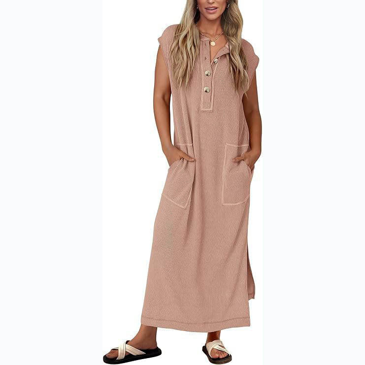 Women’s Maxi Dress – Relaxed Fit – Cotton Linen Feel – Cap Sleeves – Side Pockets