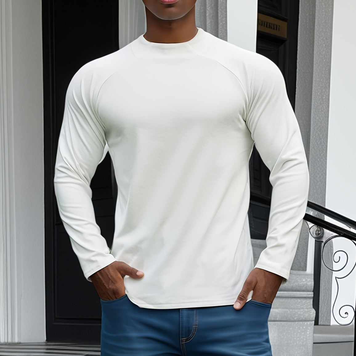 Men's Long Sleeve T Shirt Slim Fit Soft Stretch Cotton Raglan Sleeves Crew Neck Modern Comfort Wear