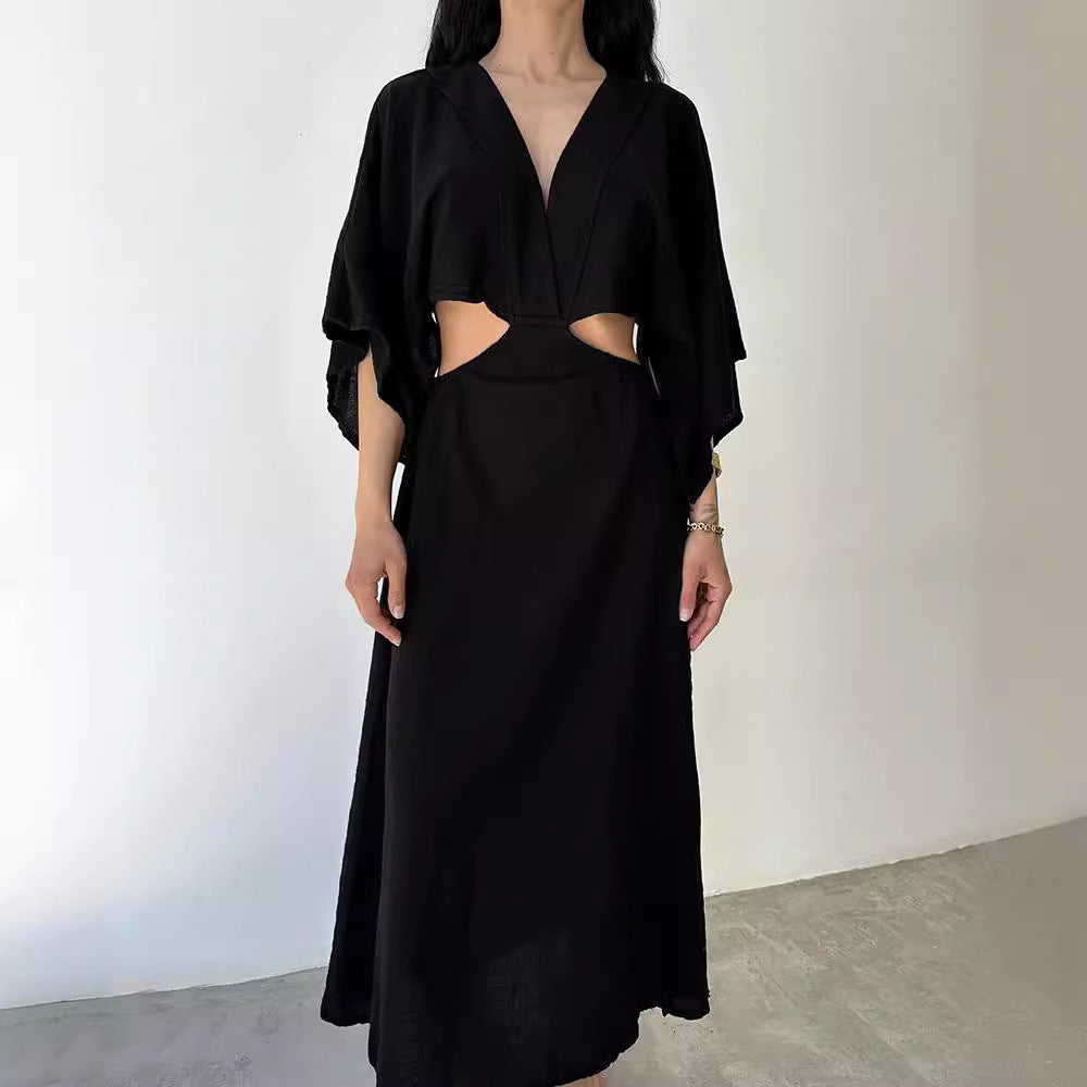 Women's Maxi Dress – Slim Fit – Cotton Linen Blend – V-Neck – High Slit – Cut-Out Waist