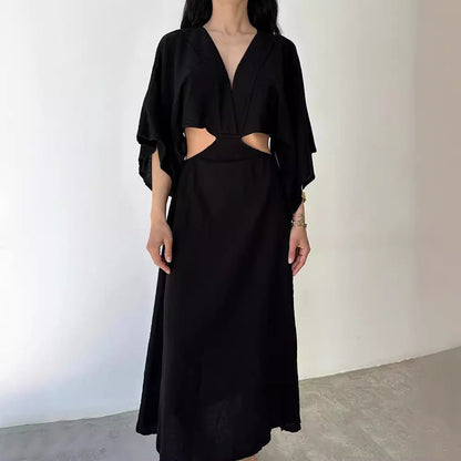 Women's Maxi Dress – Slim Fit – Cotton Linen Blend – V-Neck – High Slit – Cut-Out Waist